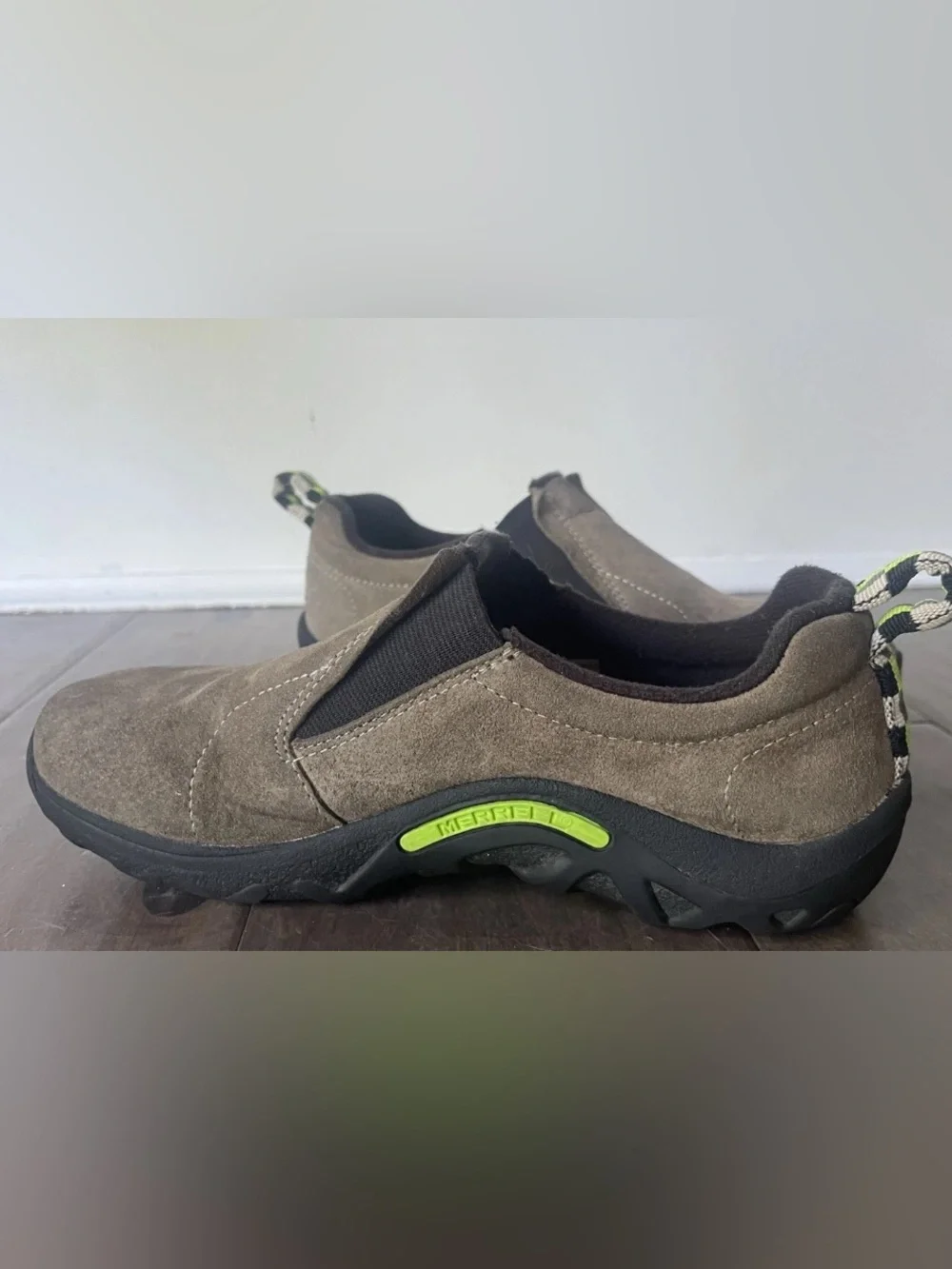 Merrell Kids Slip-On Suede Sneakers in Taupe with Black and Lime Accents